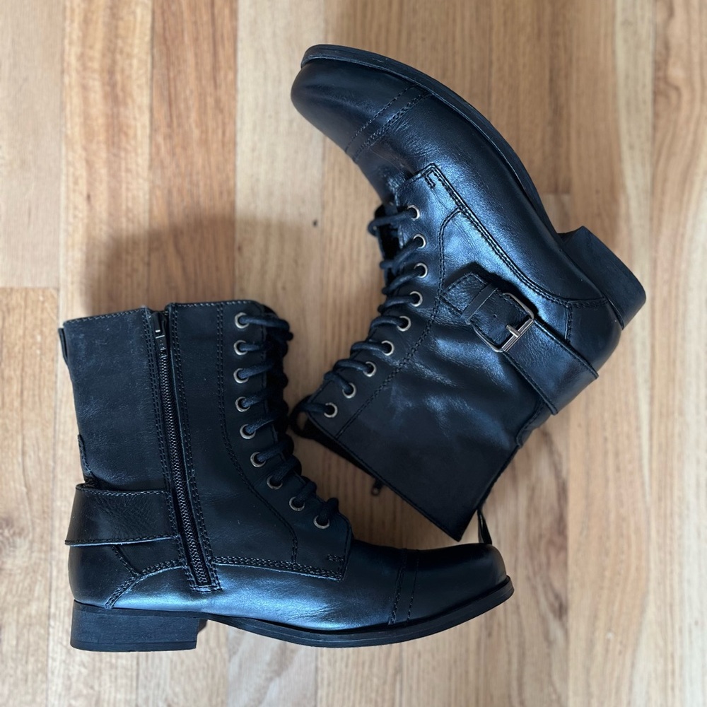 Women's Black Leather Lace Up Boots